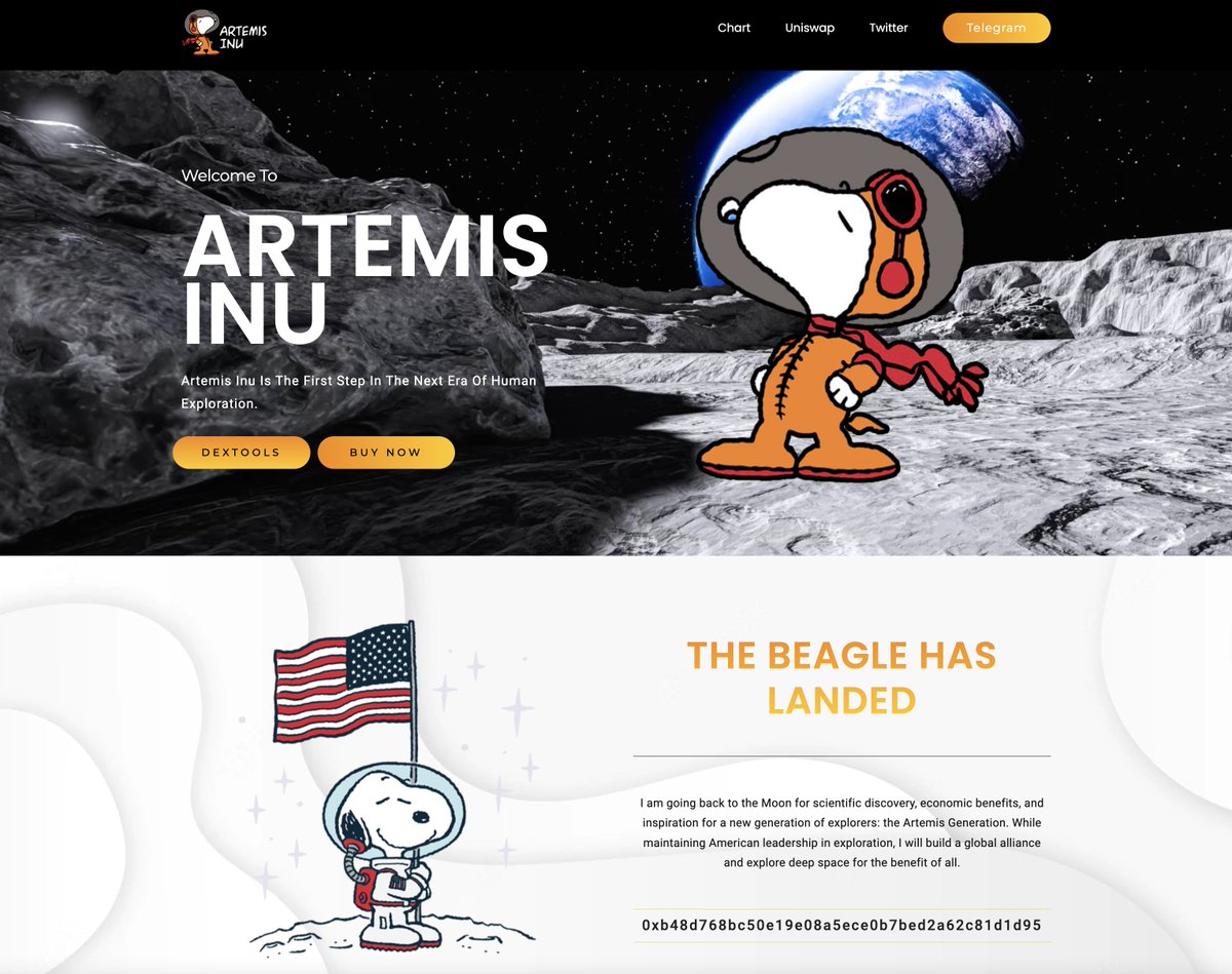 Updated website and logo for #Artemis - They wanted to go full force with the Snoopy Plush that will be on board Artemis 1. 

.5 ETH gets you a Top 20 bag. 

First launch in mid November. 

Contract: 
0xb48d768bc50e19e08a5ece0b7bed2a62c81d1d95