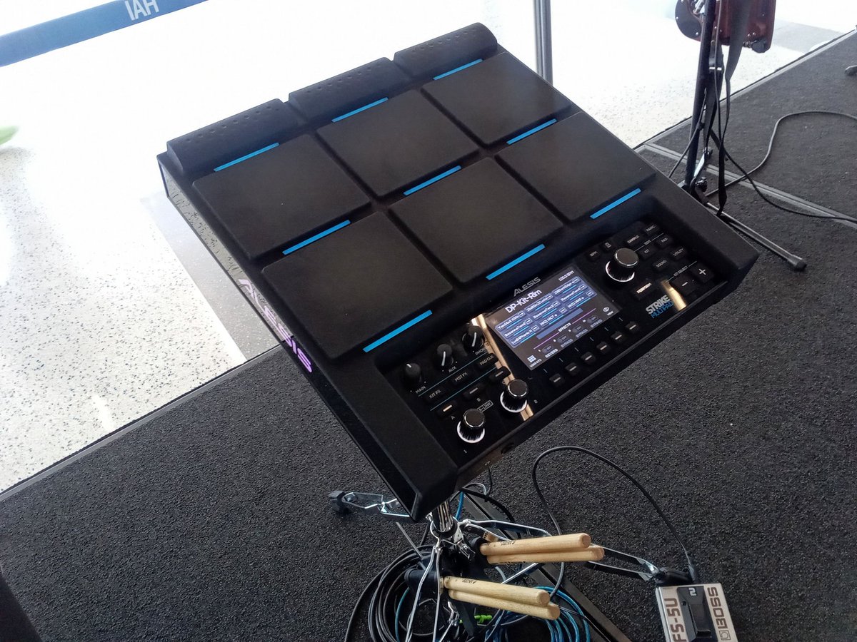 DPattersonMusic's tweet photo. On the electronic drum pad today with Mystery Loves Company at IAH airport. 
#drummer #giglife @SalyersPerc @Alesis #strikemultipad @tukicovers #motionprodrumthrones #dannypattersonmusic https://t.co/h1kLVfiT97