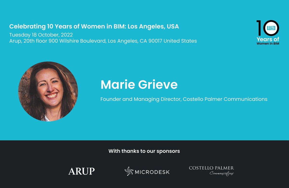 .@mariegrieve will be facilitating the @WomeninBIM 10th Anniversary event today from 5.30pm PT in #LosAngeles with talks from leading women in #BIM, #architecture and #construction from @Arup, @MicrodeskInc and @LACity. #WIB10 #womeninbim womeninbim.org/event/celebrat…