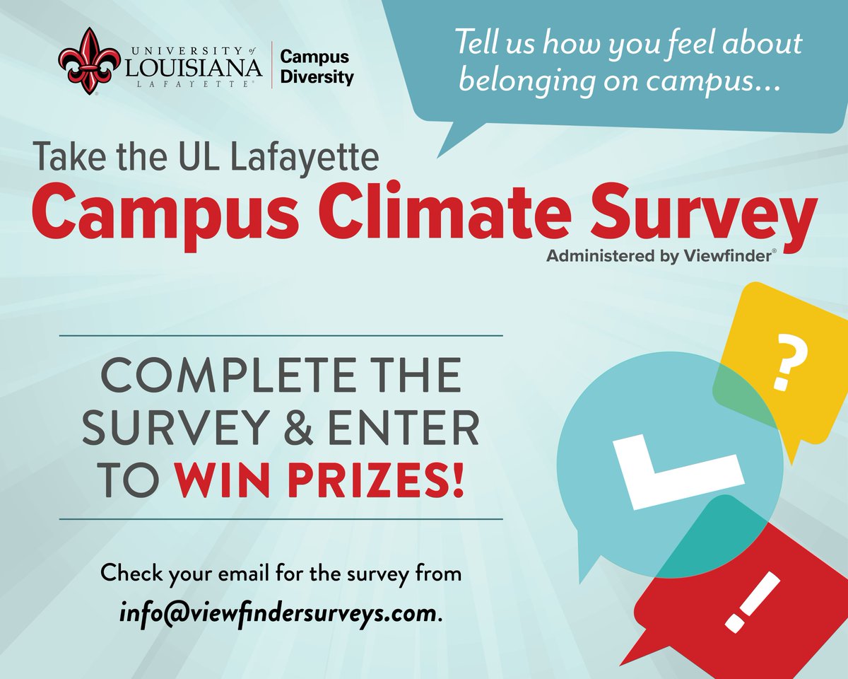 ULdiversity's tweet image. You have the chance to win a prize for completing the Campus Climate Survey, check your email for an invite to complete the Campus Climate survey form from info@viewfindersurveys.com
#CampusClimateSurvey #Ulgetinvolved
For Students open this thread for possible incentives: