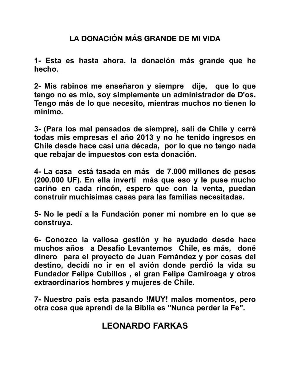 LA DONACIÓN MÁS GRANDE DE MI VIDA: facebook.com/leonardofarkas… LEONARDO FARKAS #CHILE