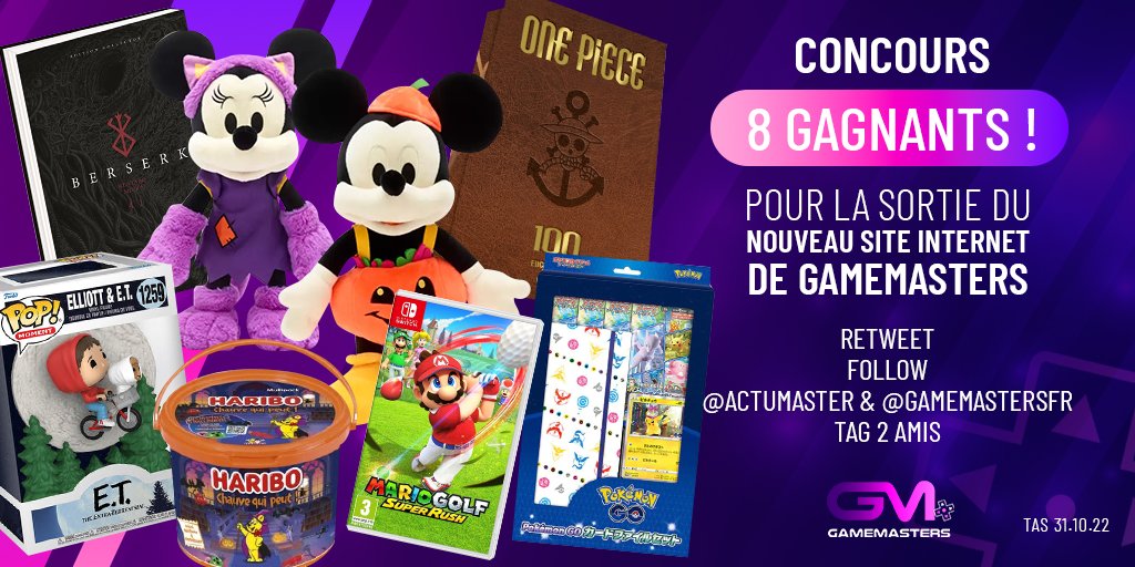 GamemastersFr's tweet photo. #Concours 🎁
Pour la sortie du nouveau site, on vous offre du #onepiece Tome 100 FR, #pokemon, #funkopop, 2 peluches #disney... 🔥

Pour tenter ta chance :
🔷 RT ce tweet
🔷 Suivez @GamemastersFr et @ActuMaster 
🔷 Tag 2 amis

💰 8 gagnants tirés au sort

🍀 TAS: 31/10
#Haloween https://t.co/71Xveo3njG