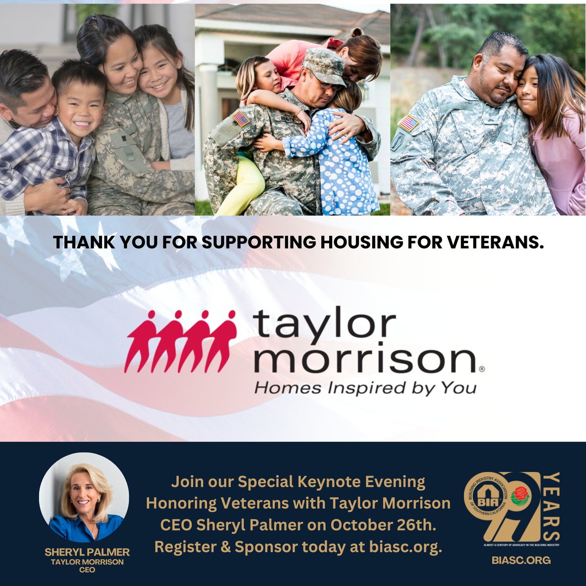 Thank you to @taylor_morrison for supporting housing for our US Veterans.⭐Register &amp; Sponsor today for our Special Evening Honoring Veterans featuring Taylor Morrison CEO Sheryl Palmer on October 26th: rb.gy/nqwbkw. #BIASC #veterans #givingback #taylormorrison