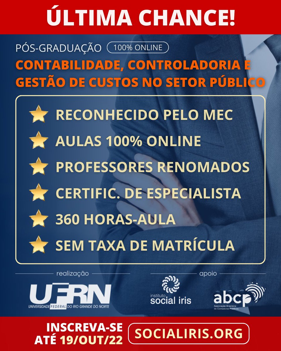 SOCIALIRIS's tweet photo. Inscrições só até 19/out (Qua.)! 🏃
📝 Acesse https://t.co/G5AdjKoAVb

🎓 Reconhecido pelo MEC
💻 Aulas 100% online
💰 Sem taxa de matrícula
🥇 Professores renomados
🎓 Qualidade federal UFRN
📅 360h (16 meses)

#contabeis #contabilidade #controladoria  #posgraduacao  #ufrn https://t.co/56yeuu2jfn
