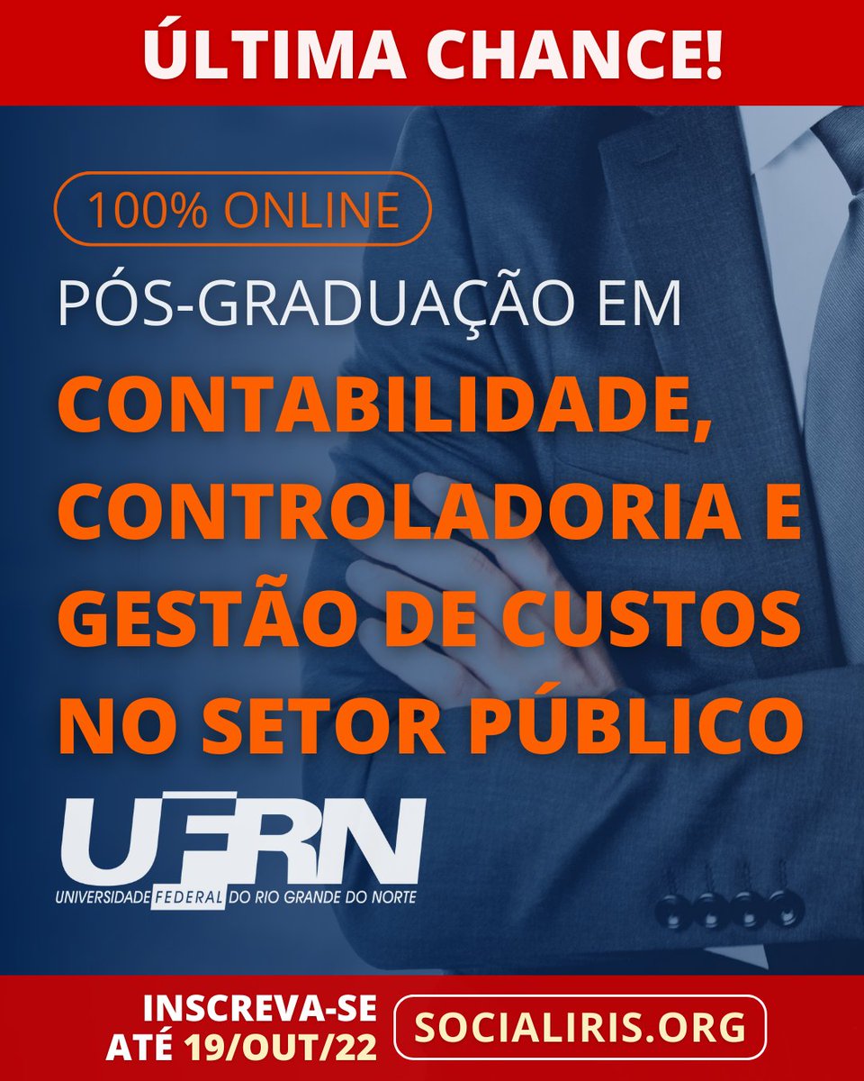 SOCIALIRIS's tweet photo. Inscrições só até 19/out (Qua.)! 🏃
📝 Acesse https://t.co/G5AdjKoAVb

🎓 Reconhecido pelo MEC
💻 Aulas 100% online
💰 Sem taxa de matrícula
🥇 Professores renomados
🎓 Qualidade federal UFRN
📅 360h (16 meses)

#contabeis #contabilidade #controladoria  #posgraduacao  #ufrn https://t.co/56yeuu2jfn