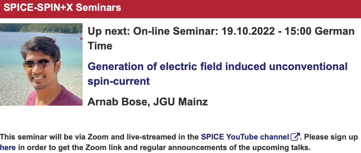 SPICE_Mainz's tweet image. Talk on Wed. at 15:00, October 19th, by Arnab Bose at the @SPICE_Mainz - @spin_plus_x seminars - Generation of electric field induced unconventional spin-current - spice.uni-mainz.de/2022/08/18/on-… by Zoom-Webinar or live on #SPICEYouTube
