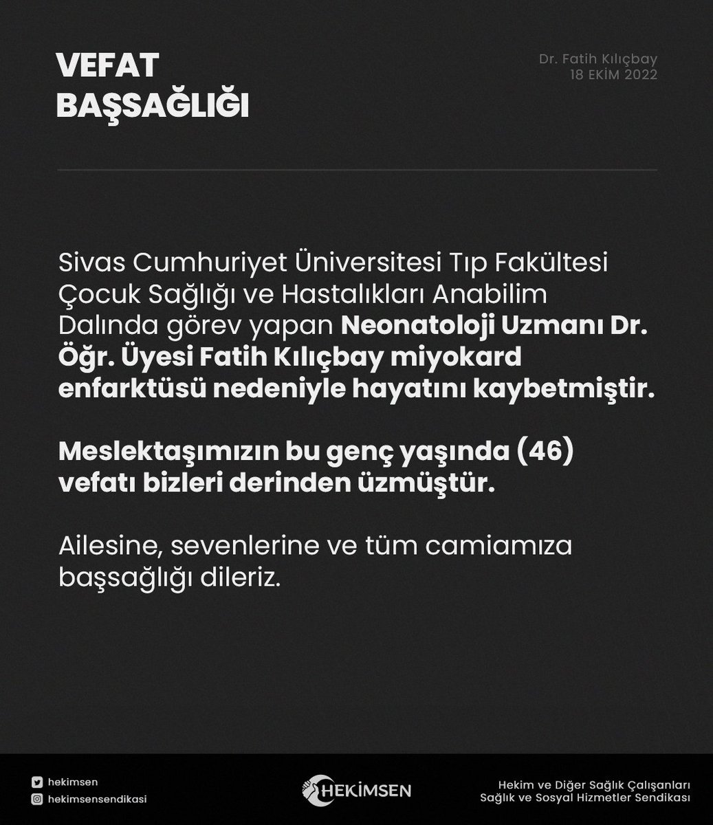 hekimsen's tweet photo. Türkiye’de ortalama yaşam süresi erkeklerde 75, kadınlarda 81 iken bu süre cerrahi branşlarda 58, dahili branşlarda ise 62’dir. 

Genç hekim ölümlerini tetikleyen yoğun stres ve iş yükü görmezden gelindikçe gitgide daha erken yaşlarda öleceğiz.

Yaşatmak için ölmek istemiyoruz. https://t.co/sr2UfBXlJK