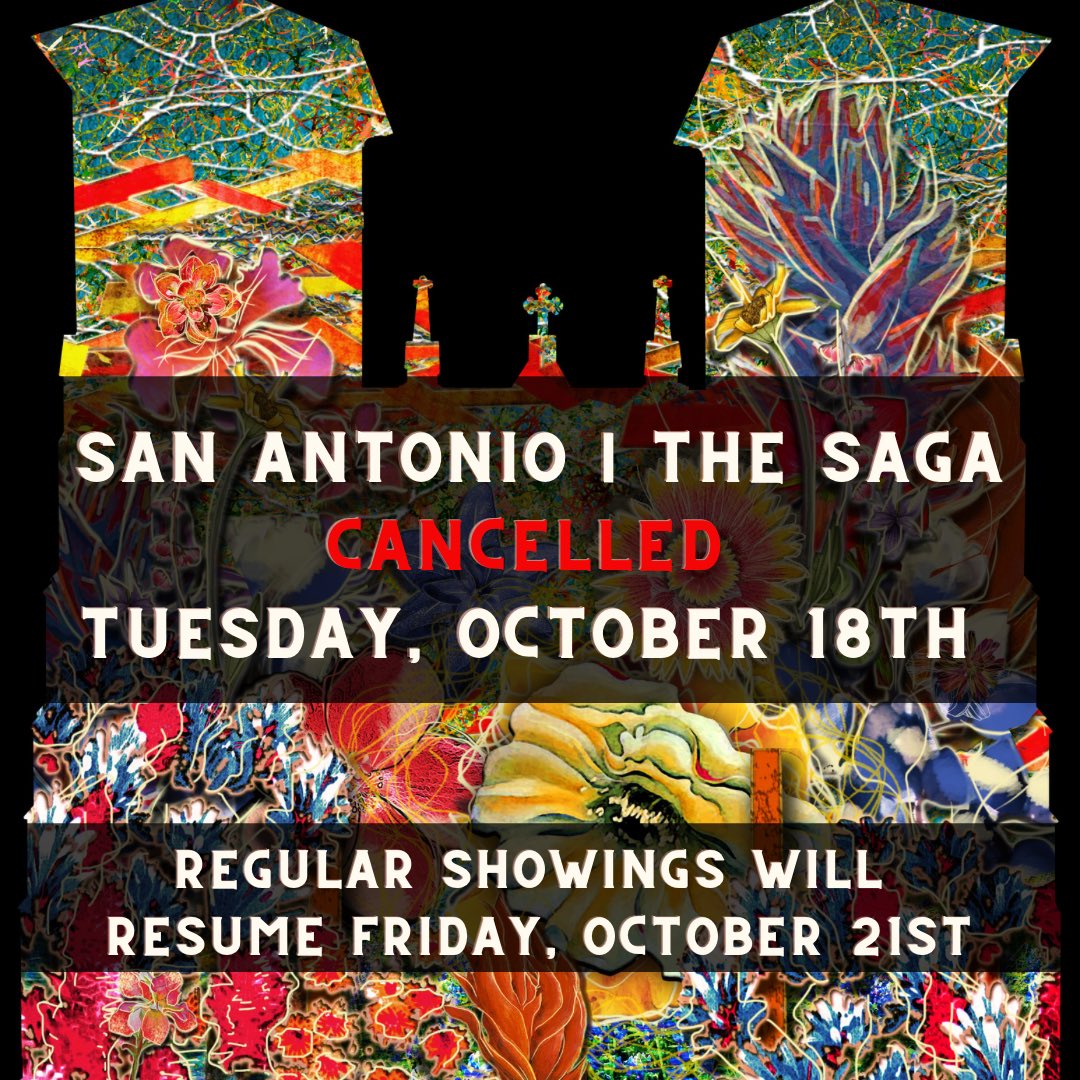 Main Plaza (@mainplaza) on Twitter photo 🚨All showings of San Antonio | The Saga are canceled this evening🚨 Regular showings will proceed this Friday at 9PM!
<a href="/visitsanantonio/">Visit San Antonio</a> <a href="/expressnews/">San Antonio Express-News</a> <a href="/sacurrent/">San Antonio Current</a> <a href="/365sanantonio/">365 Things San Antonio</a>
#satx #sanantoniothesaga #sanfernandocathedral #mainplaza #cancelledplans 🚨All showings of San Antonio | The Saga are canceled this evening🚨 Regular showings will proceed this Friday at 9PM!
<a href="/visitsanantonio/">Visit San Antonio</a> <a href="/expressnews/">San Antonio Express-News</a> <a href="/sacurrent/">San Antonio Current</a> <a href="/365sanantonio/">365 Things San Antonio</a>
#satx #sanantoniothesaga #sanfernandocathedral #mainplaza #cancelledplans