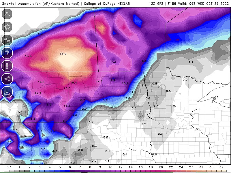 StormRangerBike's tweet photo. WOW!!!! O.M.G. MAXIMUM 48.7 inches/123cm ... the GFS has just awarded @CityofRegina with a potentially MASSIVE first snowfall of the year. As of 12z, the model output has risen to 35.6 inches / 90 cm of snow by October 26th. 🧐😲#SundaySnowStorm #skwx #blizzard2022 #skstorm #yqr https://t.co/lixplns8xt