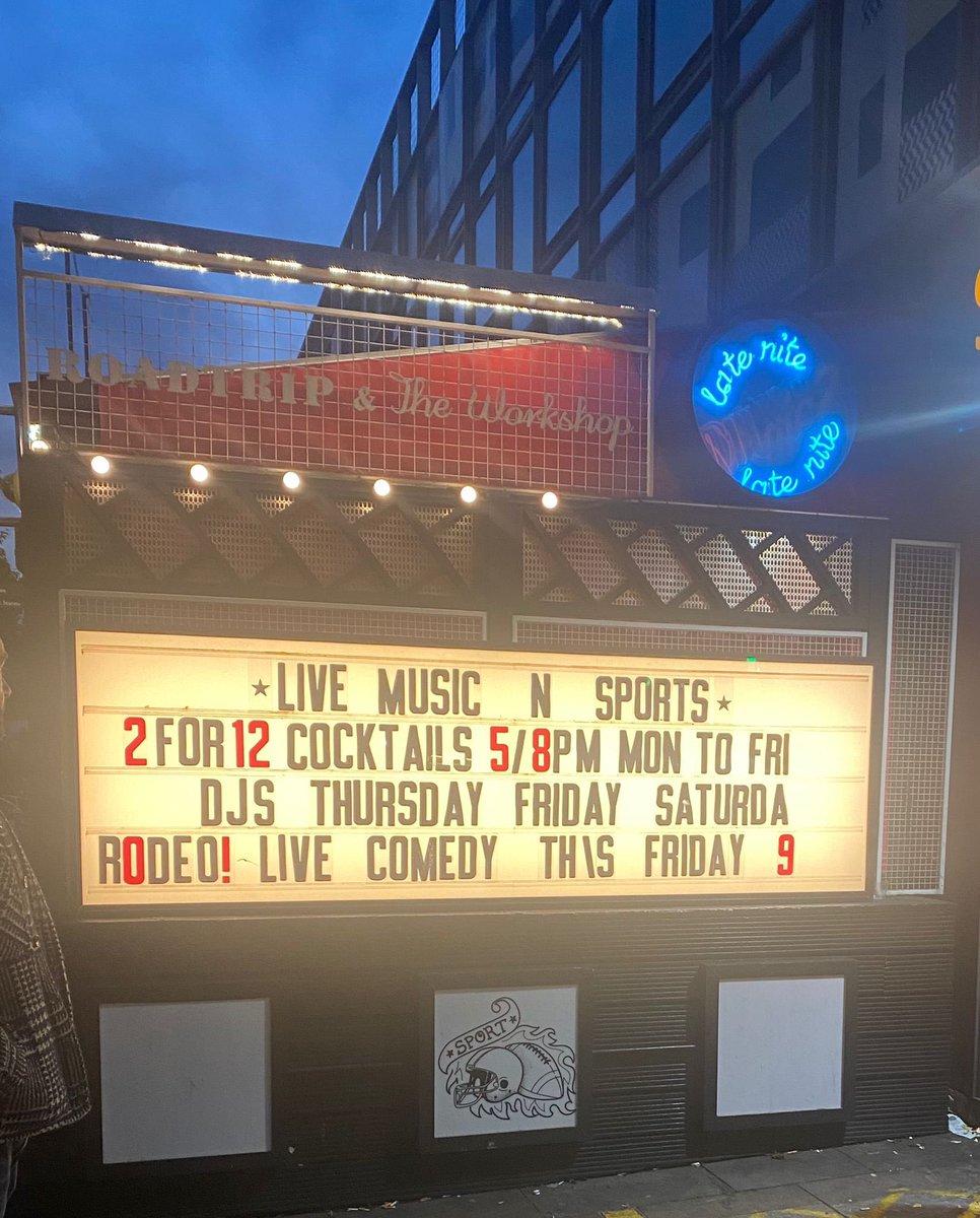 Our name in one big light! Live comedy and late night DJs and dranks from 9pm this Friday at Roadtrip & The Workshop, 2 mins from Old Street 🏜🐎 TICKETS 🤠 eventbrite.co.uk/e/437419021067