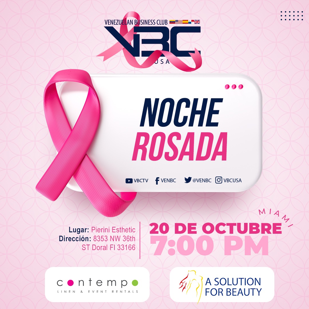 venbc's tweet image. Este Jueves, Noche Rosada! Oct 20, 2022. Dedicada a concientizar sobre la prevención del Cáncer de Mama. Prevenimos - Vivimos! Lugar: Pierini Esthetic, Hora: 7pm. 8353 NW 36th ST Doral Fl 33166. Más información: conta.cc/3gkgWSQ