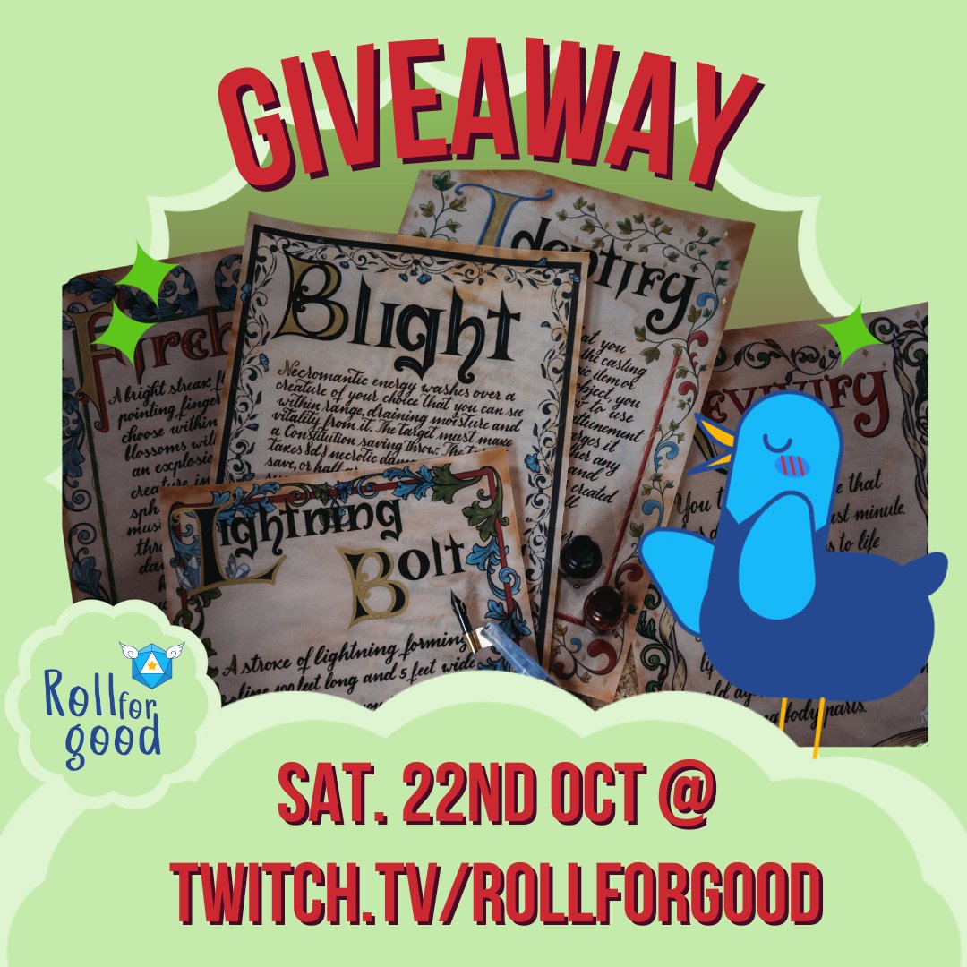 rollforgood's tweet photo. Every spellcaster needs these @Alderdoodle spell scrolls, with flourishes of hand embellished gold ink on exquisite paper vellum. This bundle contains seven scrolls, like 🔥FIREBALL🔥
You could be the lucky winner during our #giveaway if we reach our donation goals on Saturday! https://t.co/xzSXZBQ303