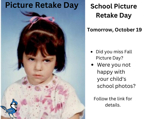 S_J_M_S's tweet photo. Did you miss Fall Picture Day?
Were you not happy with your child's school photo?

Follow this link for complete details for Picture Retake day tomorrow, October 19. 

https://t.co/UazxH0g1s2 https://t.co/kvggZa7JR7