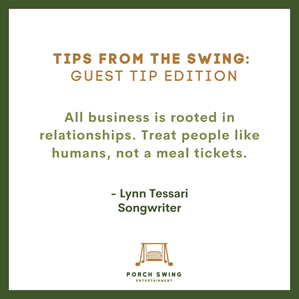 porchswingent's tweet photo. A great attitude goes a long way. Treat people with kindness and respect. Thanks to @lynntessari for sharing a great #guesttip this week! #tipsfromtheswing #musicbusinesstips #tiptuesday https://t.co/fhuFgXu2NX