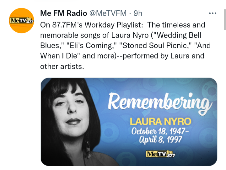 VenusInMomJeans's tweet photo. #BackToBackSnack on 87.7FM @MeTVFM at 3pm daily #AndWhenIDie written & sung by #LauraNyro (1966) and sung by #BloodSweatAndTears (1969). #HappyHeavenlyBirthday!!!
🎉#LauraNyro🎉
Blood Sweat & Tears sing a classic version of her song. Thanks Laura for your songbook & music legacy! https://t.co/5kvFaq3DJ9