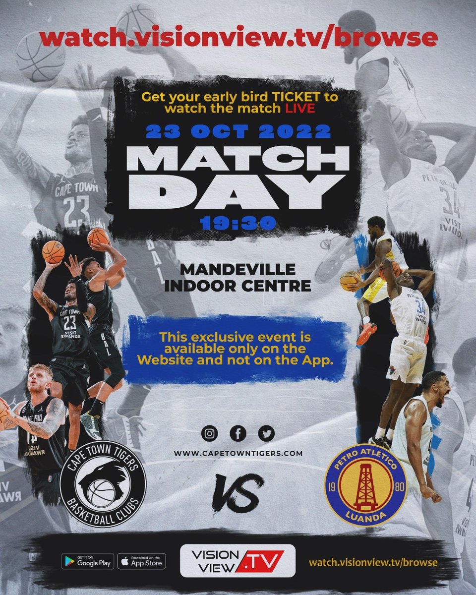 VV_Productions's tweet photo. Vision View TV is exclusively streaming @thecapetowntigers VS @pedro_de_luanda_oficial Basketball match LIVE from Mandeville Indoor Centre, 23 October, 19H30.

Get your early bird 𝙋𝙖𝙮𝙋𝙚𝙧𝙑𝙞𝙚𝙬 ticket for only $6 till Thursday Midnight.
#basketball #basketballgame https://t.co/MmfrVExDyp