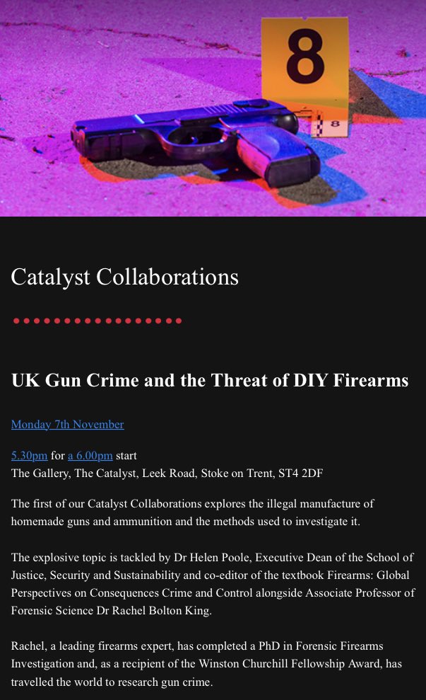 DrRachelBK's tweet photo. Also super excited to announce that @HelenPoole2 &amp; I are co-delivering a gun crime focused public lecture @StaffsUni (near the Stoke-on-Trent train station!) on 7th November! Free to attend, but booking required: https://t.co/0RFu3EjAzW #FirearmInvestigations #IFSCSI https://t.co/XCQ2iKpBNX