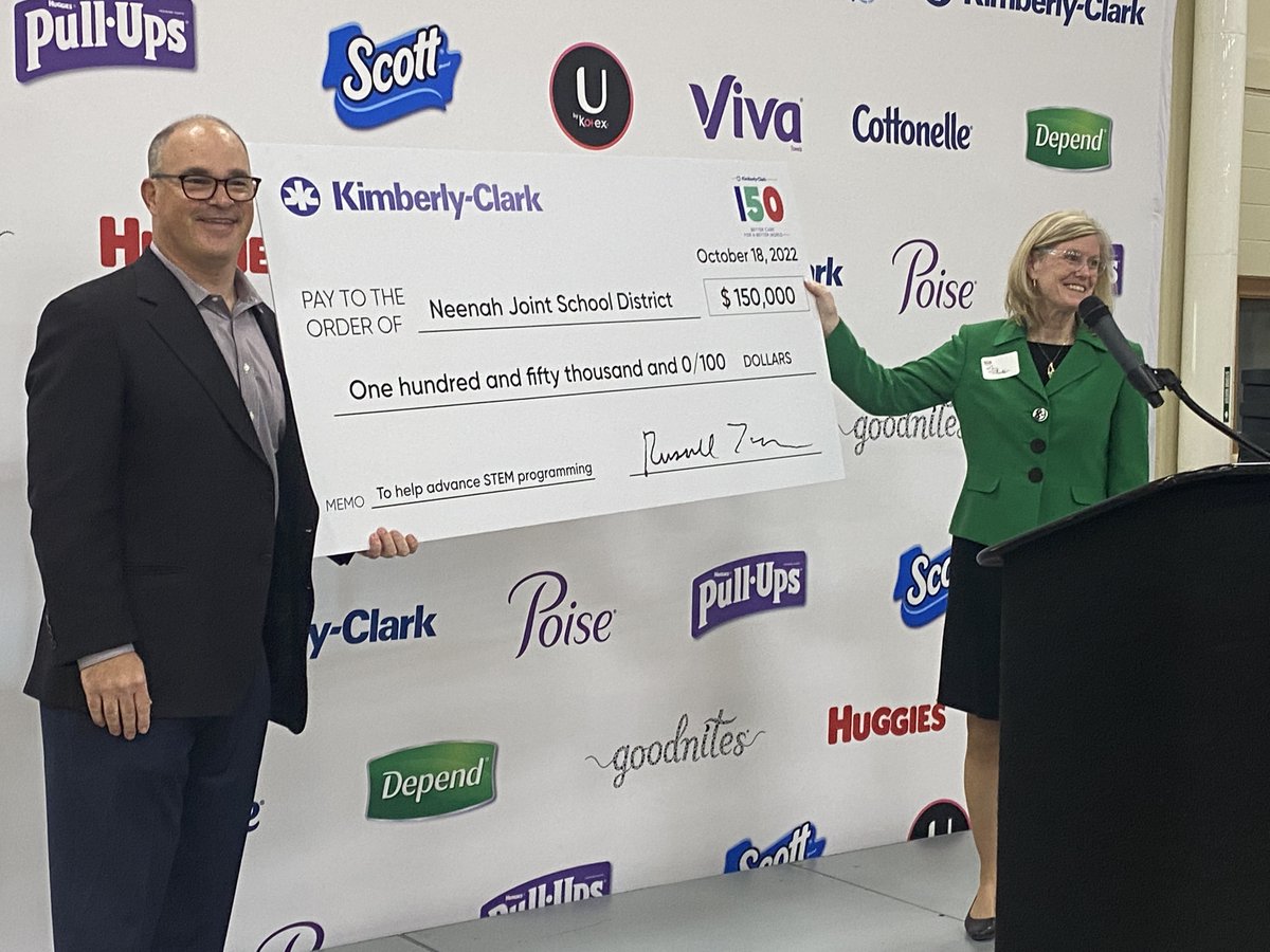 NeenahSchools's tweet photo. In celebration of its founding 150 years ago in Neenah, @KCCorp has made a $150,000 donation to the Neenah Joint School District to help advance the District’s STEM programming:
https://t.co/rEfT2BNu81 https://t.co/4x1HokueM8