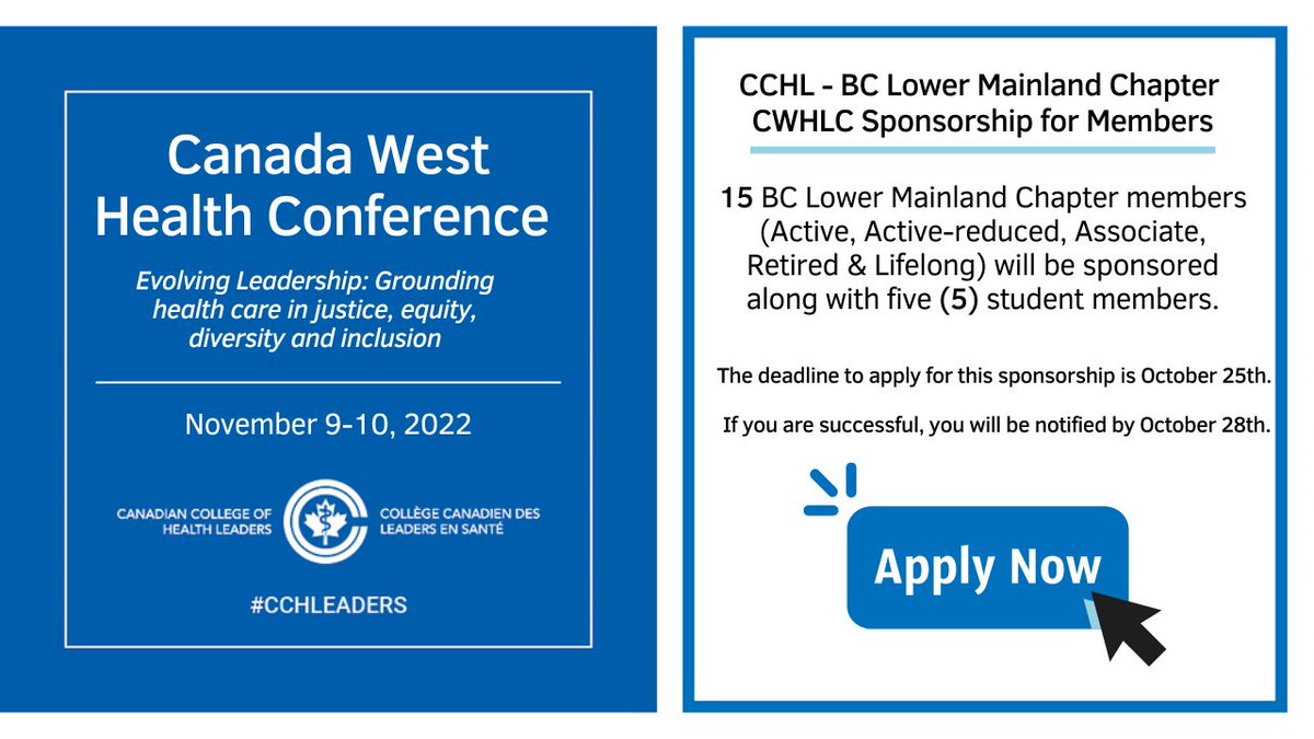 The BC Lower Mainland Chapter is pleased to announce that the chapter will again be sponsoring members to participate in the 2022  virtual Canada West Health Leaders Conference. Deadline to apply is on Oct. 25. Apply now! bit.ly/3VCiuYt