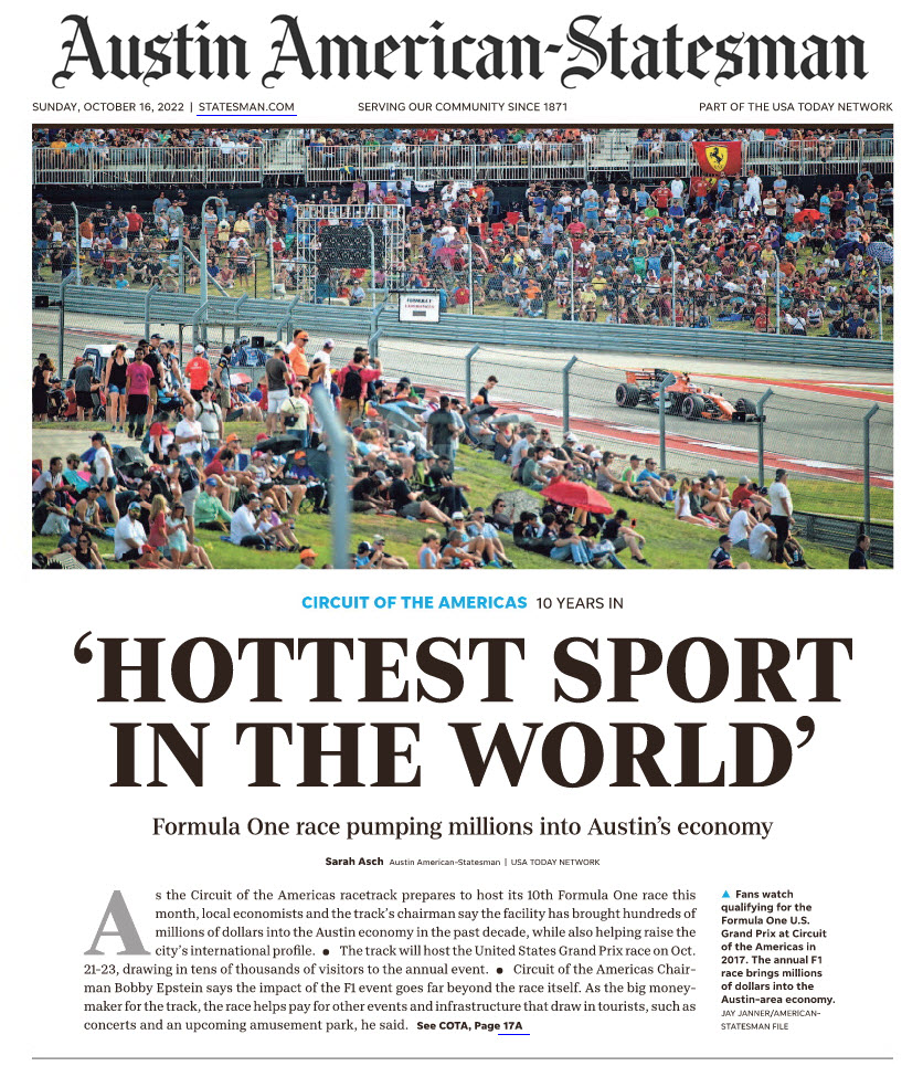 Speedcaster's tweet photo. Austin's newspaper @statesman "10 years in, Formula One race pumping millions into Austin's economy."  #F1 #USGP 
https://t.co/1kkRICqBrJ https://t.co/idu3h2CFYj