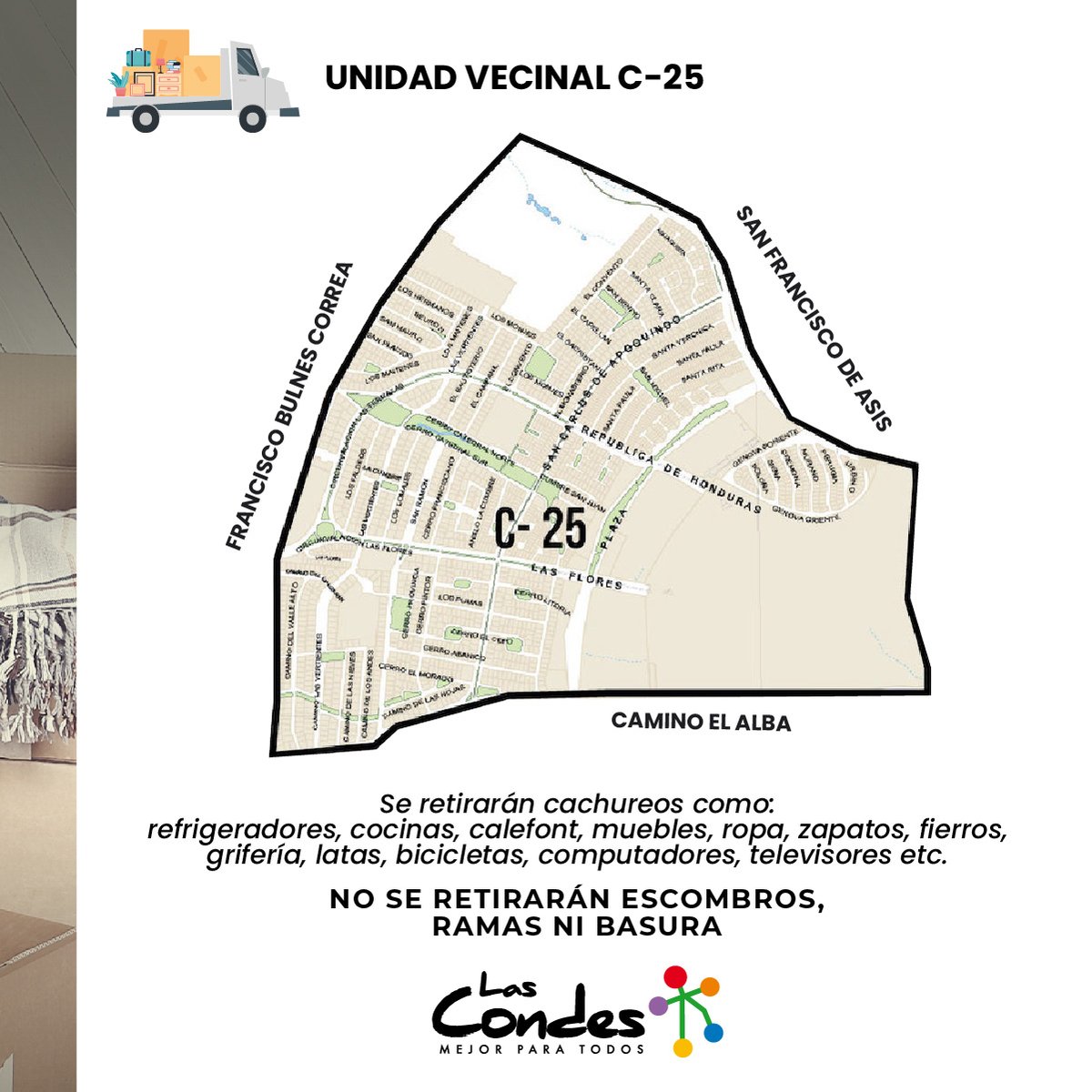 👀 ¡Atención vecinos de la UV C-25! Este sábado 22/10, entre 8 y 16 horas, recogeremos lo que ya no ocupen en su hogar. 🚛🚍
 
¡RECUERDEN DEJAR LAS COSAS FUERA DEL DOMICILIO ANTES DEL MEDIODÍA! ⏰

Más info 👉 bit.ly/325Ecbw 

#LasCondesTeCuida #LasCondesVerde

<a href="/LC_aseo/">Dirección de Aseo</a>