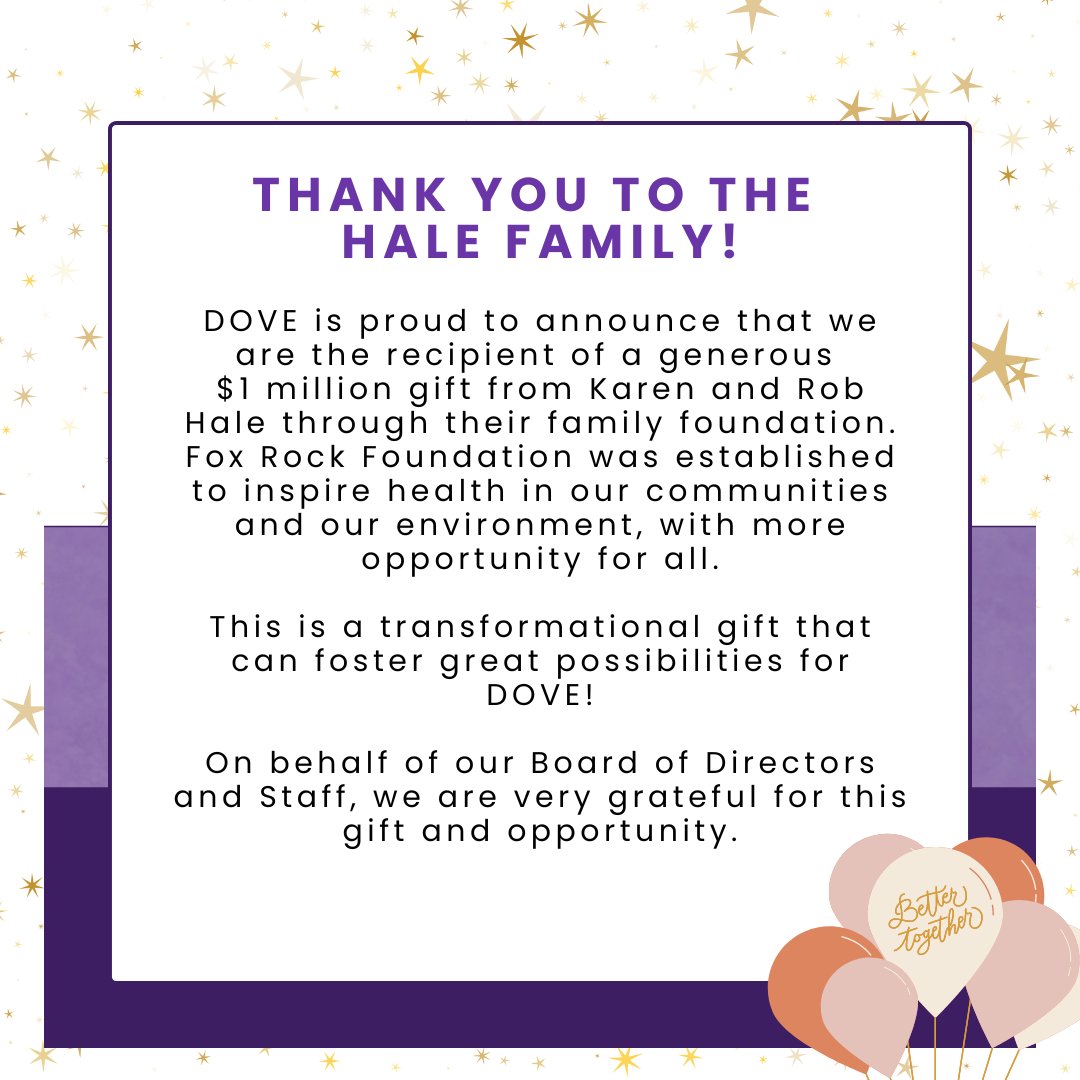 In their charitable efforts to help create significant impacts for local communities, Fox Rock Foundation will be donating $52 million, $1 million a week, to benefit dozens of nonprofits.
Check out a video featuring DOVE for this wonderful occasion! -  youtu.be/abYdaF0UZzY