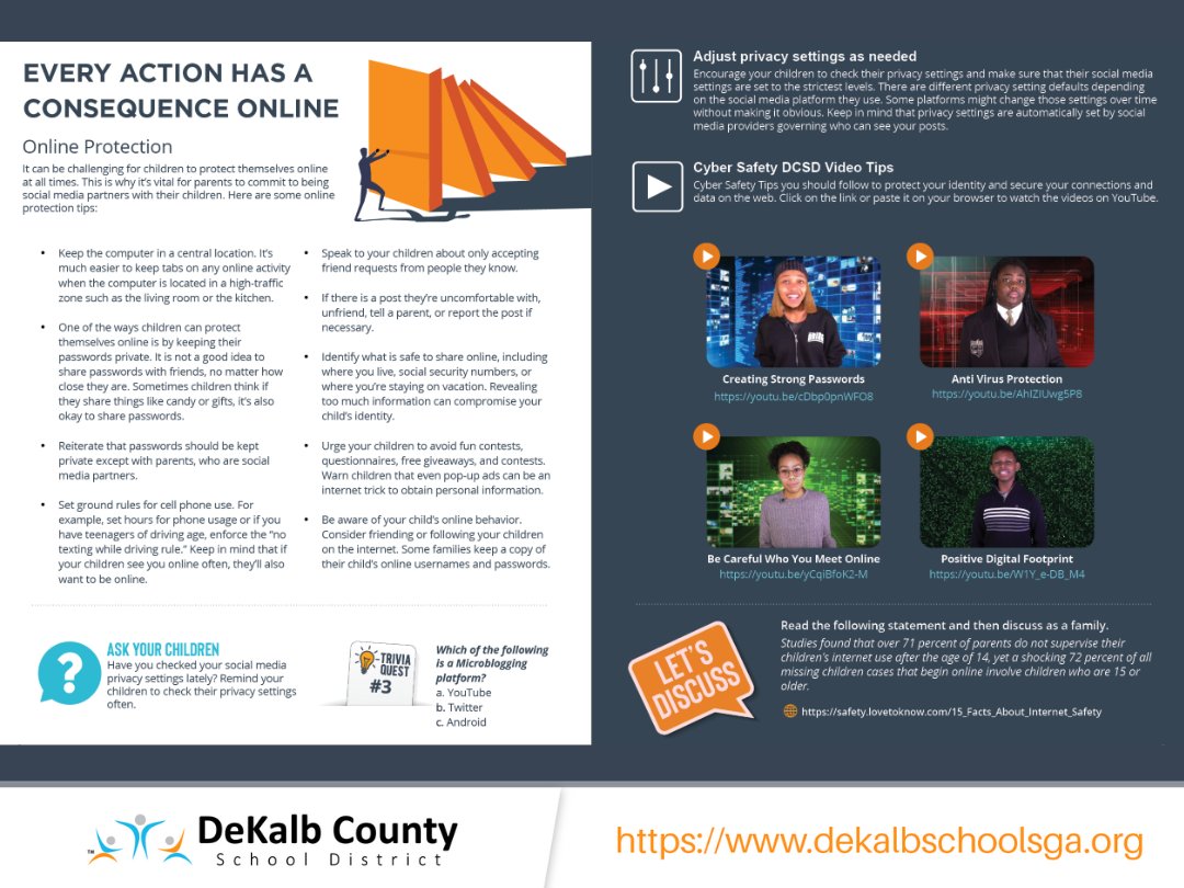 DeKalbSchools's tweet photo. October is #CyberSecurityAwarenessMonth, and #DCSD wants all our students, parents, and staff to practice safe & secure internet use. Review our Family Social Media Guidelines to help students use social media safely and responsibly: https://t.co/fXfuEyuLCm. #KeepingStudentsFirst https://t.co/Evm2ESDIMi