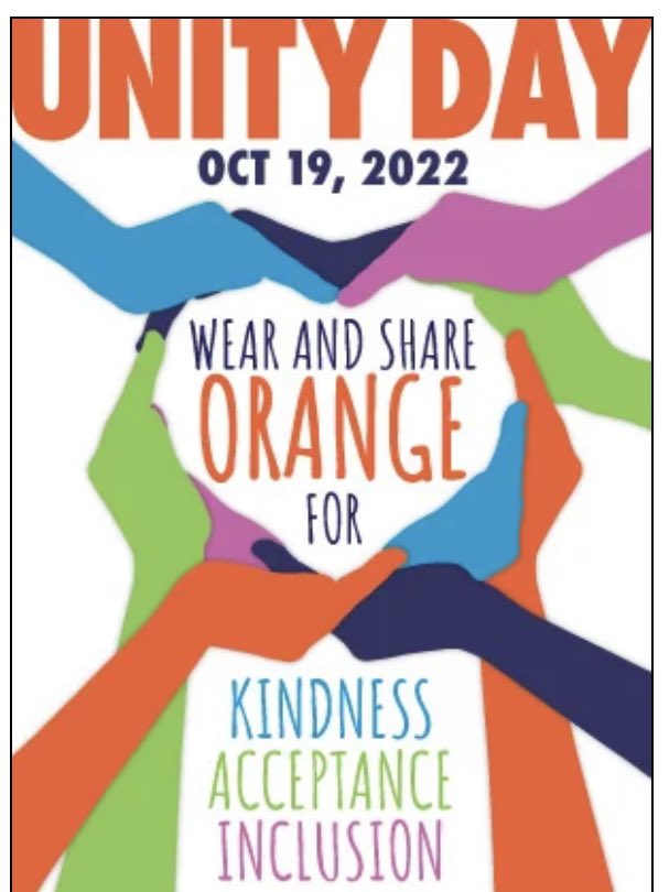 Don’t forget to wear orange tomorrow - Wed., 10/19 - for Unity Day! <a href="/TraKeilty/">Tra Keilty</a> <a href="/klutz_rsd6/">Kristin Lutz</a>