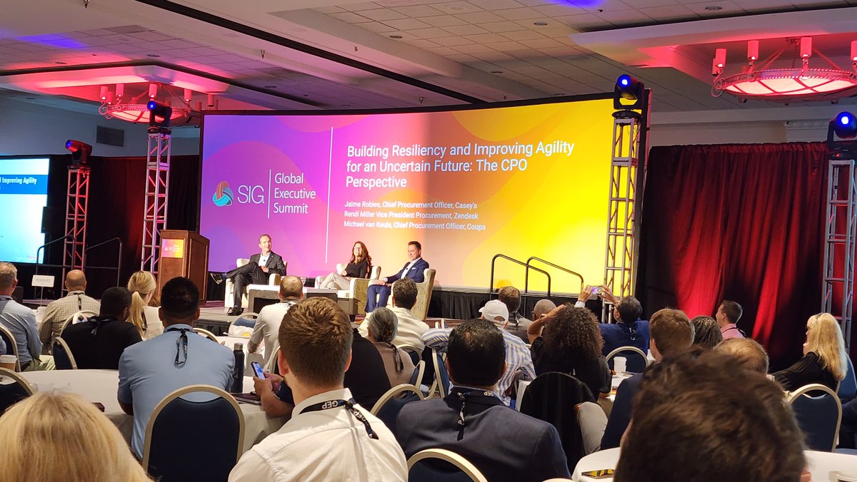 Coupa's tweet photo. Coupa #CPO @mvk_keulen joins Rendi Miller @Zendesk & Jaime Robles @caseysgenstore during @SIGinsights Global Executive Summit keynote: “Building #Resiliency & Improving Agility for an Uncertain Future: The CPO Perspective”. Connect with us at #SIGFall22 https://t.co/EkQOmw2uex" https://t.co/QGmTXPNGhB
