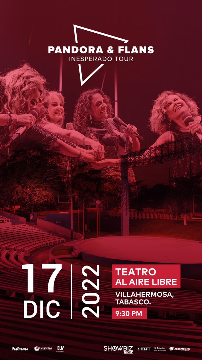 puntocuatrotv's tweet photo. Lo Inesperado en Villahermosa!

@GrupoPandora y @Flansoficial_ 

Inesperado Tour el 17 de diciembre en Villahermosa #Tabasco a las 21:30 horas en el Teatro Al Aire Libre del Parque Tabasco Dora María.

Boletos a la venta en hotel Hampton y en línea en Showbizticket Mexico. https://t.co/DNaxPjs4un