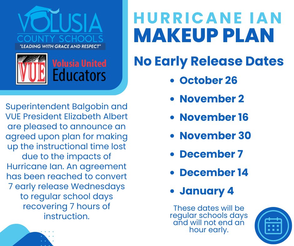 volusiaschools's tweet photo. .@vcsbalgobin &amp; VUE President Elizabeth Albert are pleased to announce a plan for making up the instructional time lost due to the impacts of Hurricane Ian. An agreement has been reached to convert 7 early release Wednesdays to regular school days recovering 7 hrs of instruction. https://t.co/pMemeK2JIA