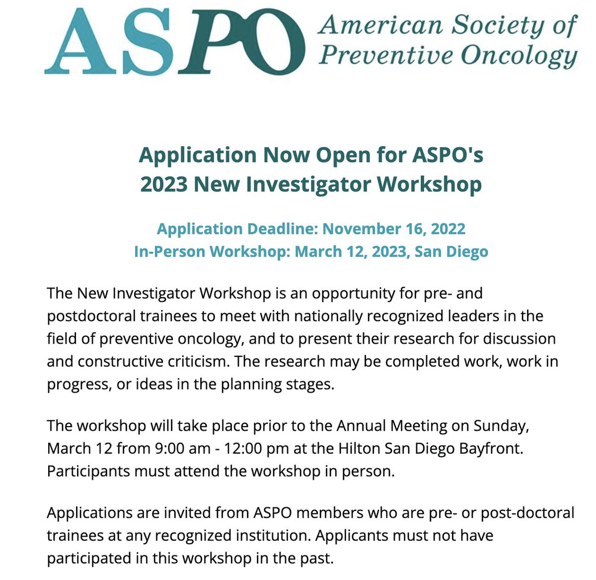 ASPO Disparities Special Interest Group (@aspodisparities) on Twitter photo 🚨 Calling all pre- and #postdoc trainees, the <a href="/ASPrevOnc/">American Society of Preventive Oncology (ASPO)</a> 2023 New Investigator Workshop application is Now Open! Apply by November 16 using the following form: docs.google.com/forms/d/e/1FAI…. 🚨 Calling all pre- and #postdoc trainees, the <a href="/ASPrevOnc/">American Society of Preventive Oncology (ASPO)</a> 2023 New Investigator Workshop application is Now Open! Apply by November 16 using the following form: docs.google.com/forms/d/e/1FAI….