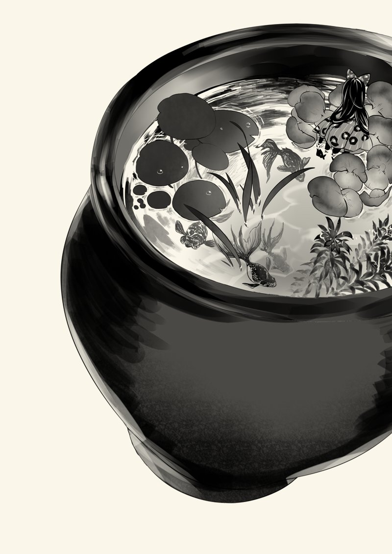 1girl monochrome greyscale long hair plant bowl white background  illustration images