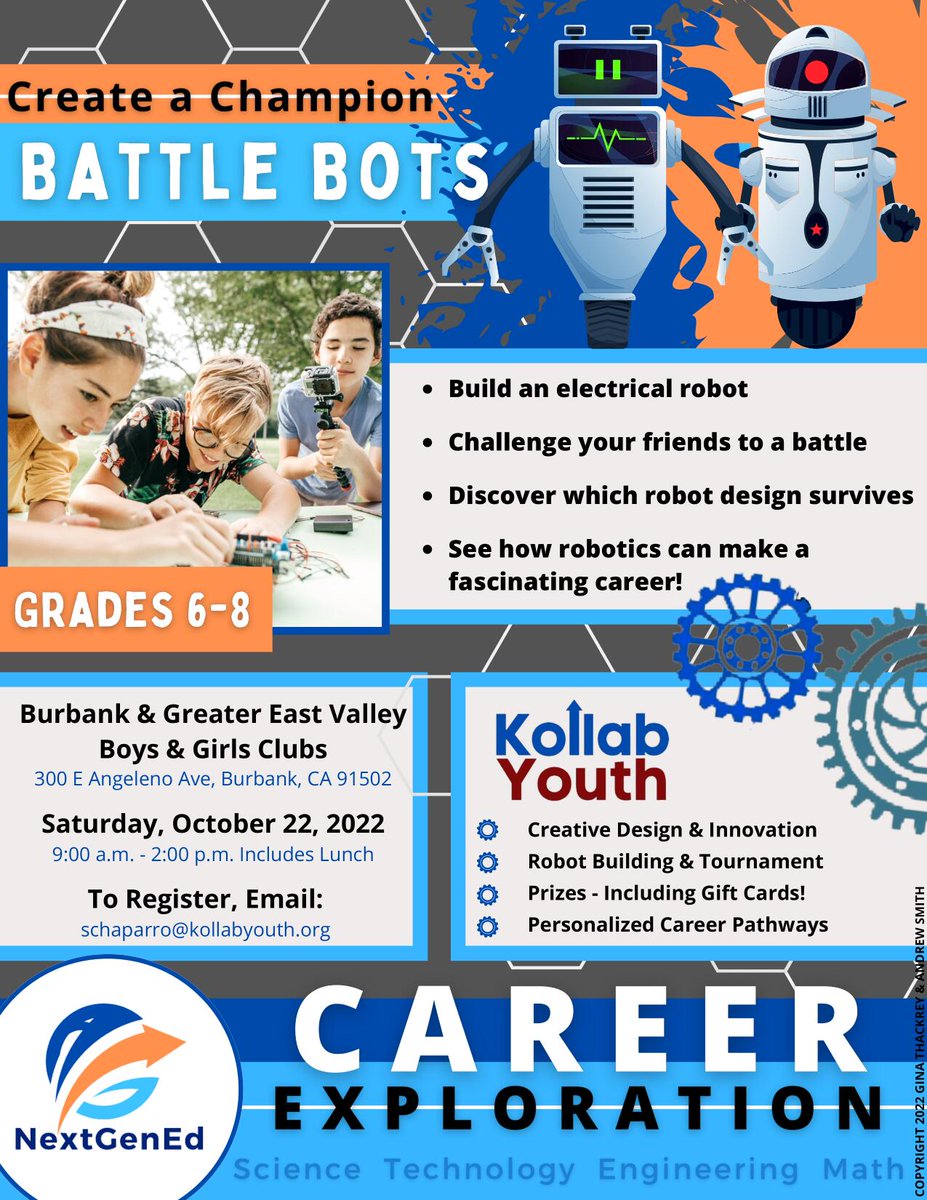 KollabYouth's tweet photo. Come create a Battle Bot with us on Saturday, October 22nd! Open to middle schoolers. Learn more about robotics and engineering and win great prizes! 

Register by emailing schaparro@kollabyouth.org today! 

#KollabYouth #KollabProgram #WorkforceDevelopment #Mentors #Burbank https://t.co/AtSTeIsgUO