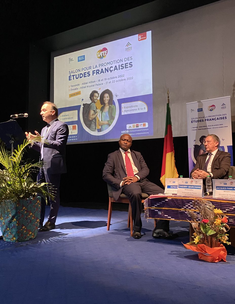 sbraconnier's tweet photo. Échanges avec le ministre de l’ESR du Cameroun à Yaoundé et ouverture du 9ème #SAPEF, aux côtés de l’Ambassadeur de FR L Marchand. Partenariats à densifier et diversifier ds le domaine de la formation et de la rech. @CampusFranceCam @sup_recherche @AssasUniversite @IFCameroun https://t.co/62ZuWJUvvU