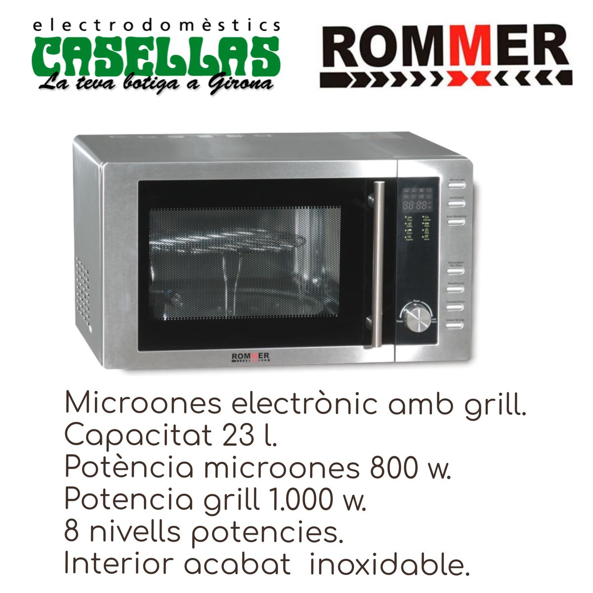 CASELLAS_Gi's tweet photo. Microones electrònic, acabat inoxidable per dins i per fora.
8 nivells de potència, 800 w.
Grill simultani, 1000 w.
Dimensions:
290 x 480 x 410 mm.
 alt x ample x fons

#SantaEugèniaDeTer
#Girona #ComerçGirona https://t.co/S7Bb6HbXVO