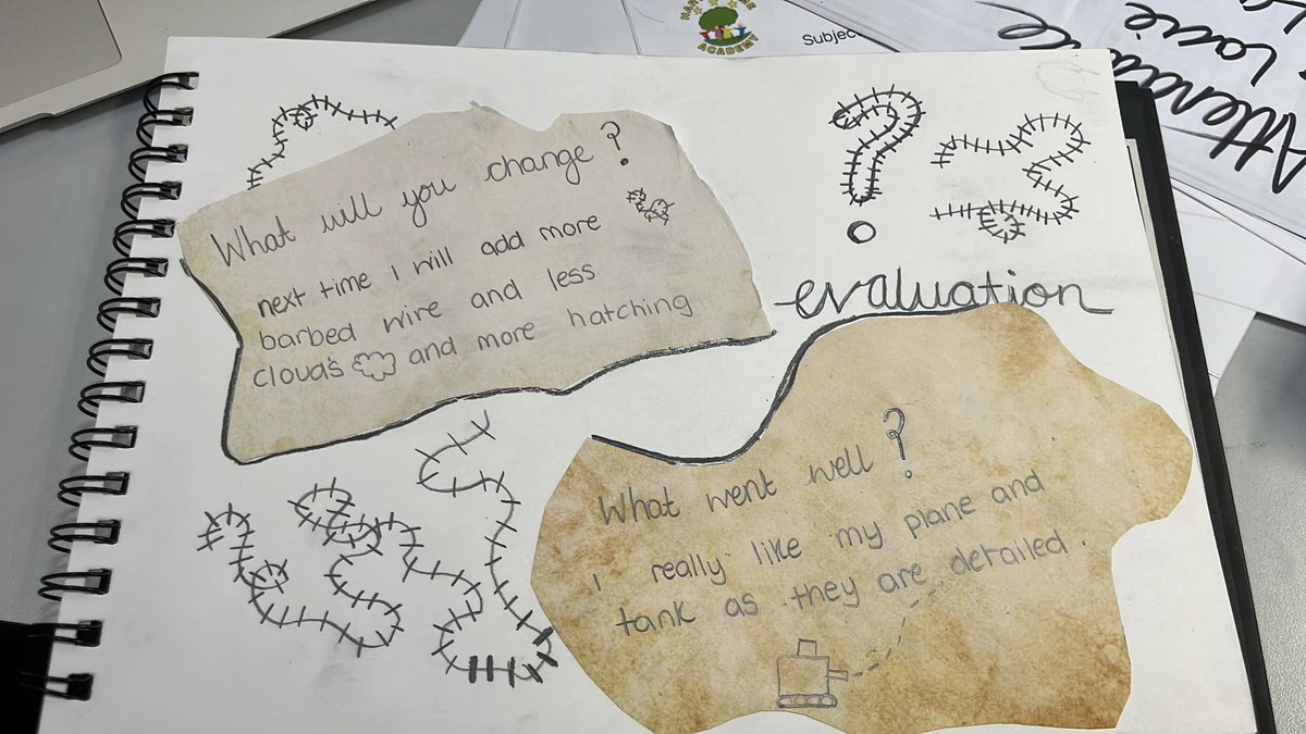 Harts_Y6's tweet photo. This afternoon we begun evaluations of our final WWI inspired sketches. To help us we thought about our plans, techniques we applied and what went well 🎨✏️ @HarbourLearning @hartsholmeacad #HHAart https://t.co/d44DYB4Buz