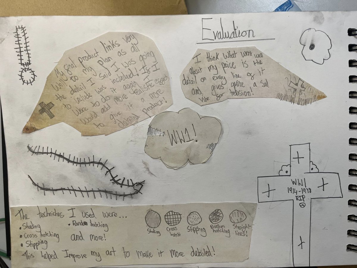 Harts_Y6's tweet photo. This afternoon we begun evaluations of our final WWI inspired sketches. To help us we thought about our plans, techniques we applied and what went well 🎨✏️ @HarbourLearning @hartsholmeacad #HHAart https://t.co/d44DYB4Buz
