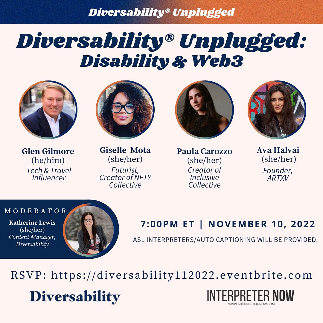 Join us Thursday, November 10th from 7 PM - 8:30 PM ET for a discussion with a panel of influential people leading at the intersection of disability and Web3!

RSVP now at diversability112022.eventbrite.com 

#Web3 #Web3Community #Inclusion #Accessible #DisabilityTwitter 

(1/?)