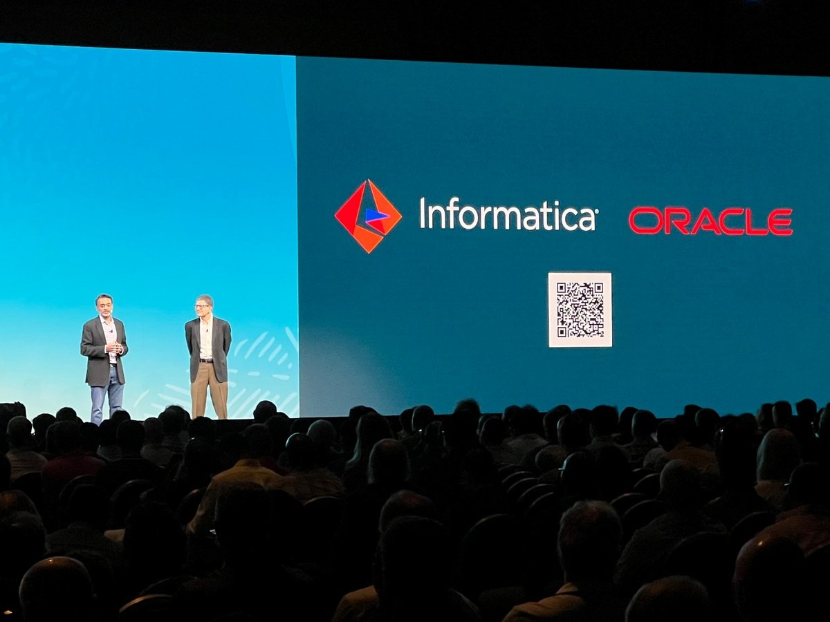 Informatica's tweet photo. Intelligent Data Management Cloud (#IDMC) is coming to Oracle Cloud Marketplace! At Oracle #CloudWorld, Jitesh Ghai &amp; Andrew Mendelsohn laid out the value customers receive from the Oracle-Informatica cloud partnership and what the future holds. See more: https://t.co/1FvfIyCrLS https://t.co/U5ZfRBDB60