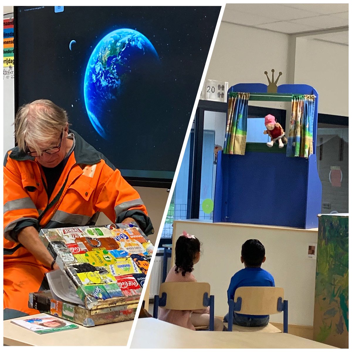 duurzame wereldburgers luisterden aandachtig naar d verhalen v Koos de Vuilnisman over “beter milieu begint bij jezelf”.groep geel: poppenkast, Jan Klaassen leert over afvalscheiding.die prachtige koffer? v.gerecycled blik! <a href="/STEemVallei/">Stichting Eem-Vallei Educatief</a> #duurzamewereldburgers #soest #educatie