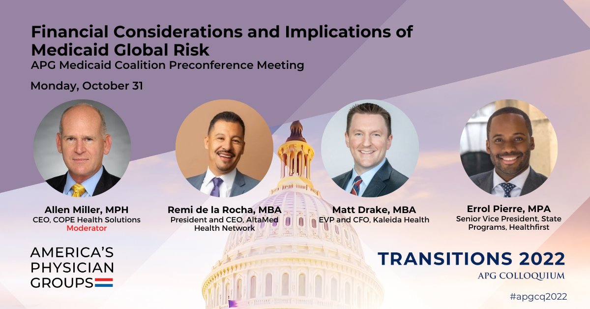Principal &amp; CEO <a href="/Allen/">Allen Gannett</a> Miller will be moderating the APG Colloquium preconference webinar, “Financial Considerations and Implications of Medicaid Risk”.

apg.org/conferences-co…

#apgcq2022 #valuebasedcare #primarycare #workforcesolutions #copehealthsolutions