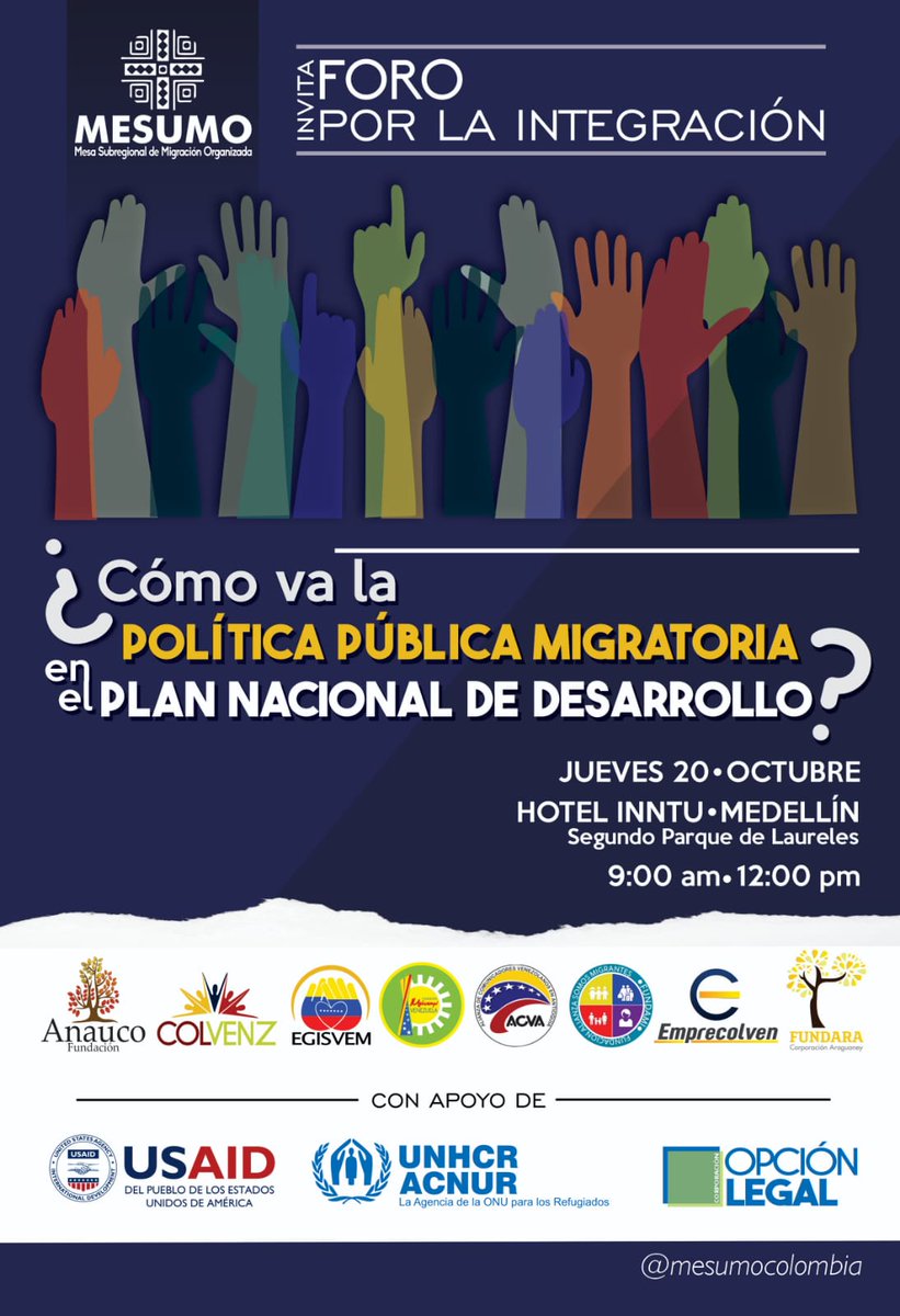 mesumocolombia's tweet photo. En #Medellin
Es un proceso inédito en la historia de Colombia, dónde por primera vez se espera integrar a población migrante con voz propia en el programa de desarrollo 2022-2026. ¡Te esperamos! https://t.co/qxMORI0qzb
