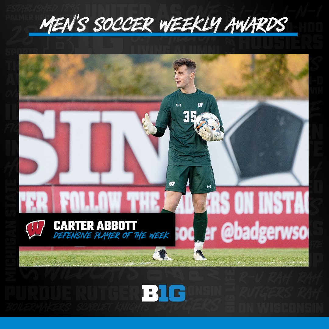B1GSoccer's tweet photo. ⚽️ WEEKLY AWARDS ⚽️

Carter Abbott of @BadgerMSoccer is the #B1GMSOC Defensive Player of the Week!

🔹Recorded eight saves in leading the Badgers to a 2-2 draw at No. 7 Maryland

🔗 https://t.co/3oLN0G1qXx https://t.co/ZKvQjEEJ0D