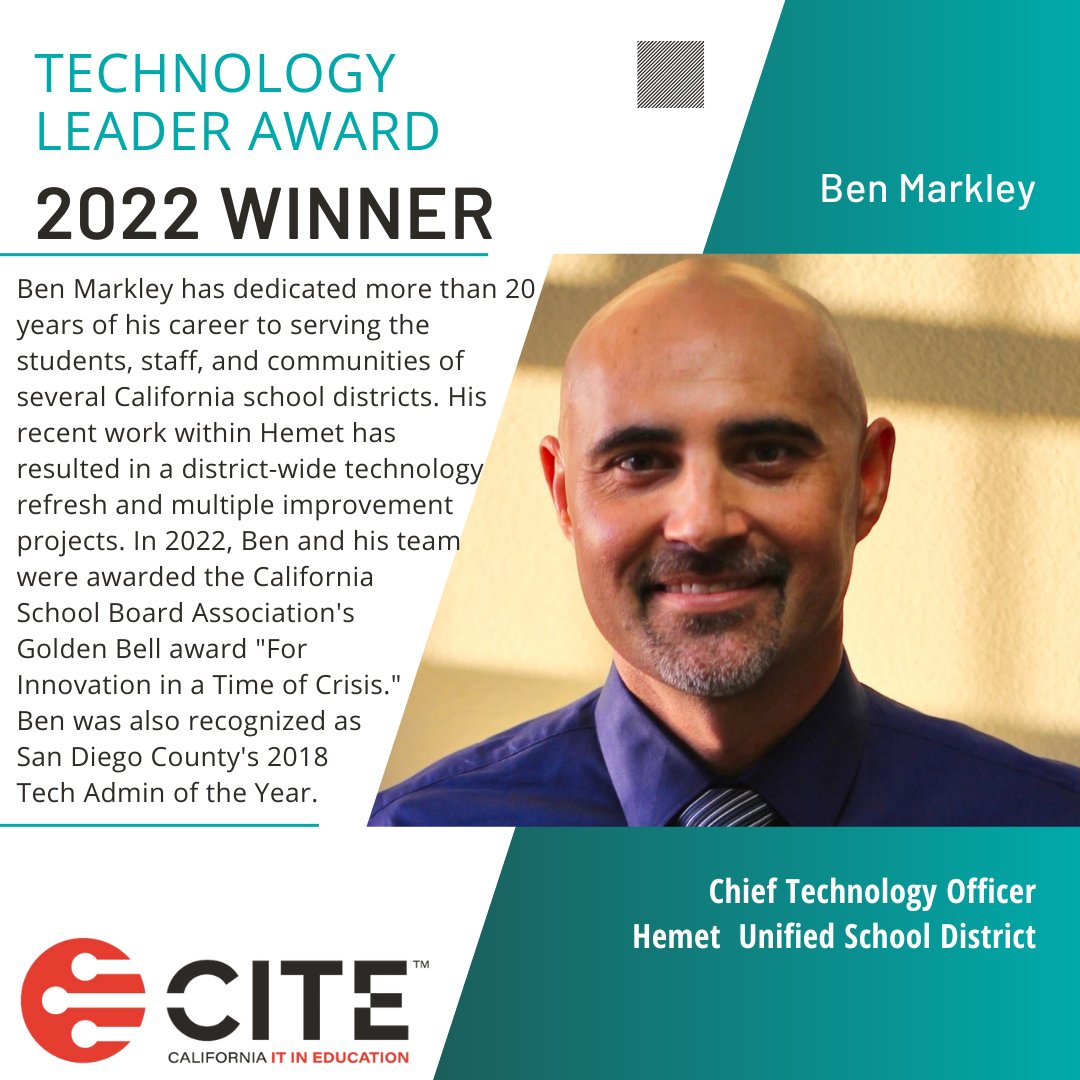CITE_EDU's tweet photo. The CITE 2022 Award winners have been announced! Today we would like to celebrate Ben Markley, the 2022 Technology Leader Award winner! To learn more about Mr. Markley, and the rest of our 2022 award winners, visit https://t.co/CFOGNyISFB https://t.co/79JR6qLUwJ