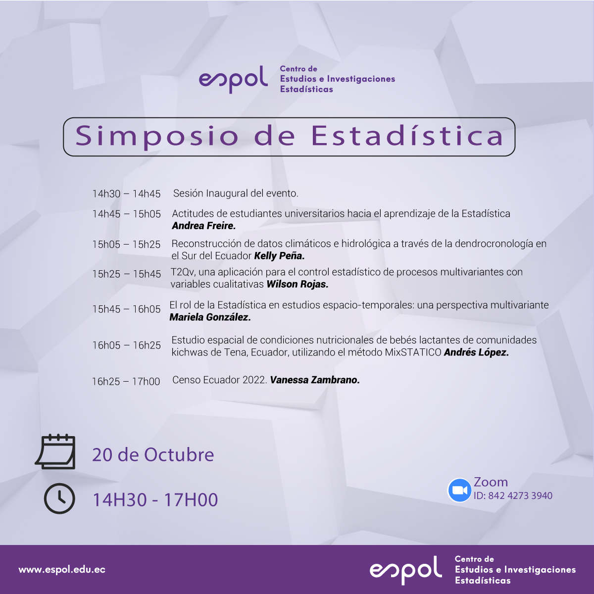 Los Invitamos el 20 de octubre al Simposio de Estadística evento organizado por el <a href="/ceie_espol/">CEIE - ESPOL</a> de manera virtual como parte de la celebración del día mundial de la Estadística y el aniversario de <a href="/espol/">ESPOL</a>. Los participantes expondrán temas en el área de análisis multivariado.