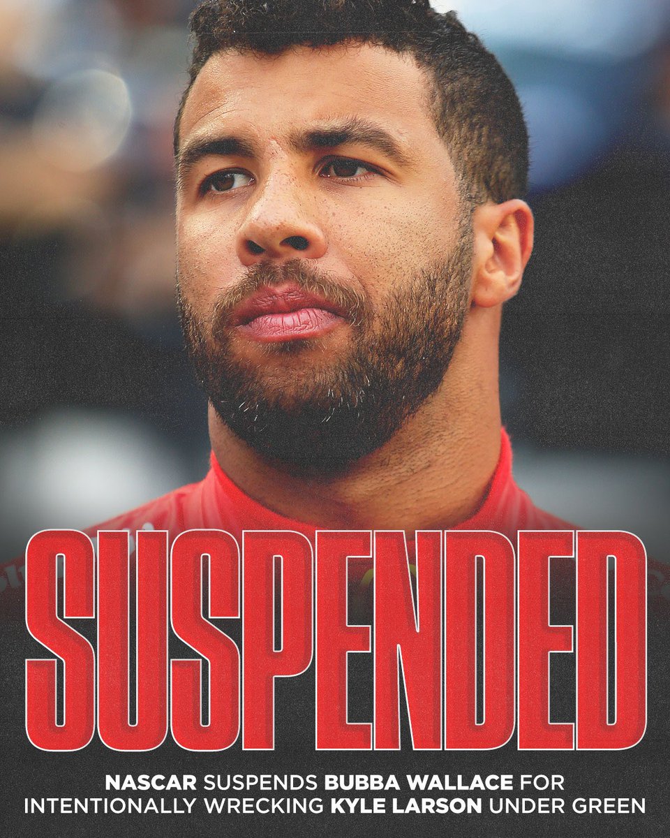 Bubba Wallace has been suspended one race for intentionally wrecking Kyle Larson. #NASCAR