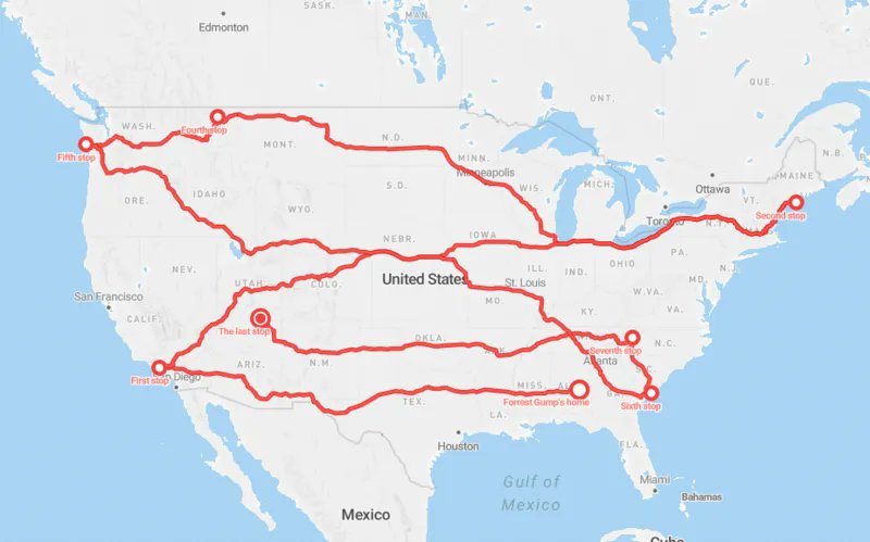 simongerman600's tweet photo. This map shows where Forrest Gump went for his run. Just in case you want to pick up long-distance running too...

Source: https://t.co/xoVU164UZh
Interactive version: https://t.co/Zi1CYfnCIl https://t.co/n84HIAJEtA
