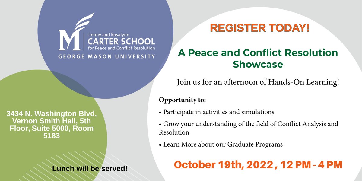 GMUCarterSchool's tweet photo. We are excited to see you tomorrow @GMUCarterSchool Showcase!!!
Haven’t had the chance to register yet? No problem. Register today using the link below >>
https://t.co/K66DljeoPx
#GMUCarterSchool #Mason50 #peaceandconflictresolution #MasonNation https://t.co/XLsJ8ixVBd