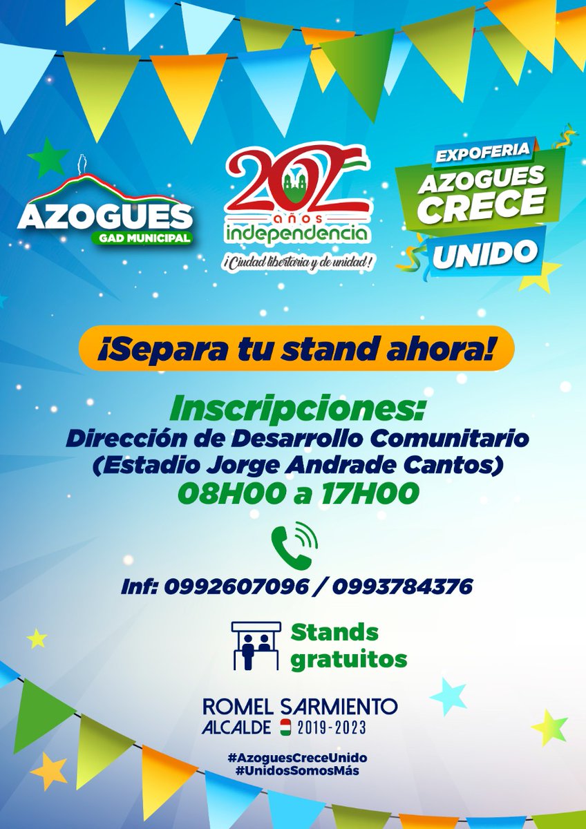 MAzogues's tweet photo. ¡Se viene la expoferia #AzoguesCreceUnido!🥳

👉🏻Del 2 al 5 de noviembre realizaremos en el #ParqueDelMigrante, la expoferia #AzoguesCreceUnido, un espacio para nuestros artesanos y emprendedores, a quienes invitamos desde ya a inscribirse de forma totalmente gratuita. https://t.co/Q9LezBhr6g
